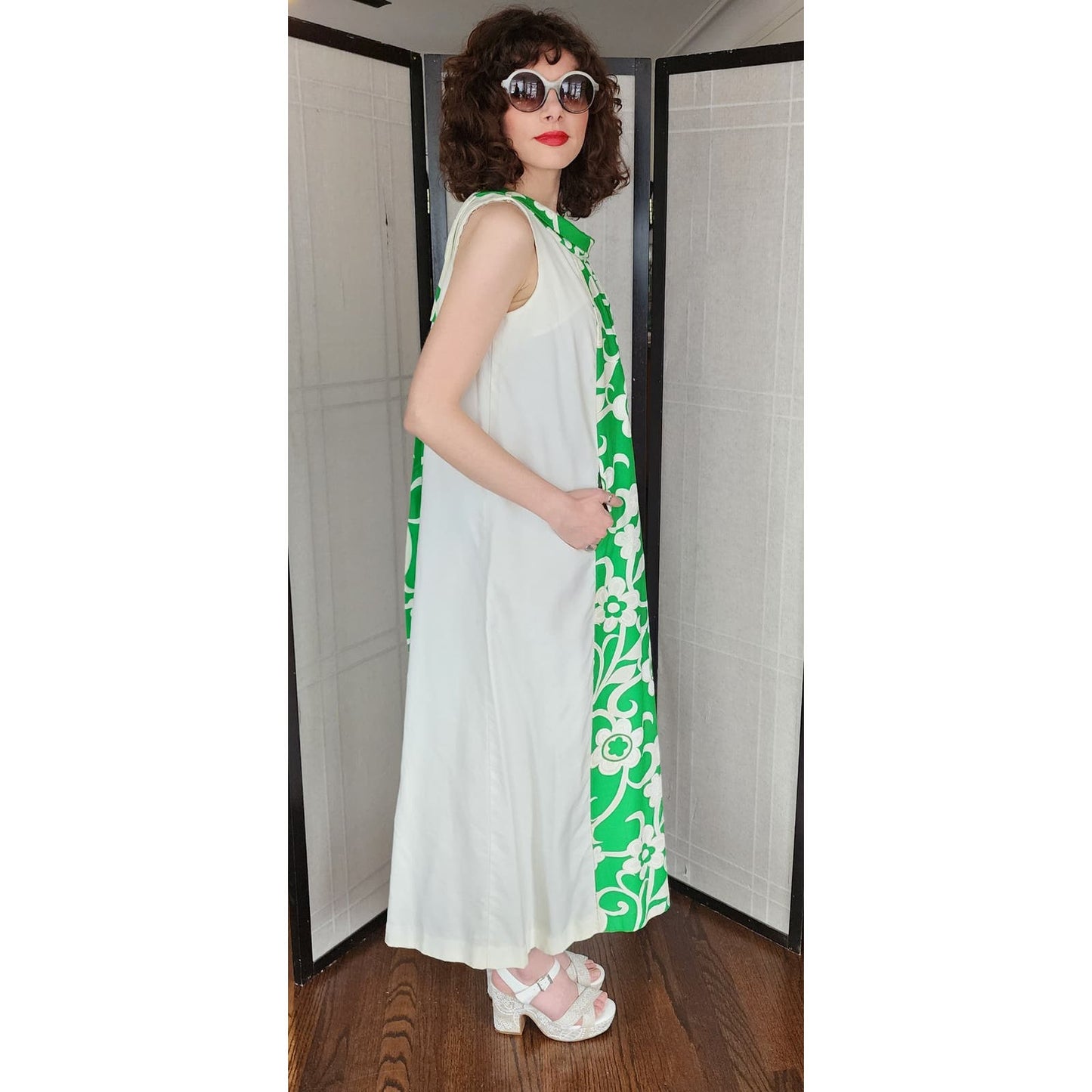 Vintage 70s Tiki Dress Maxi Green White by The Grass Shack