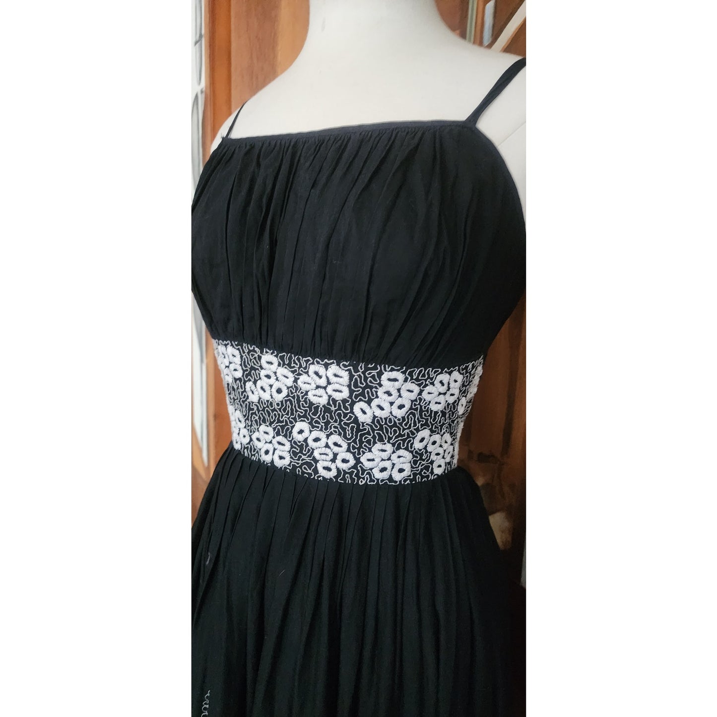 Vintage 1950s Patio Dress Black + White Embroidery Spaghetti Straps / S