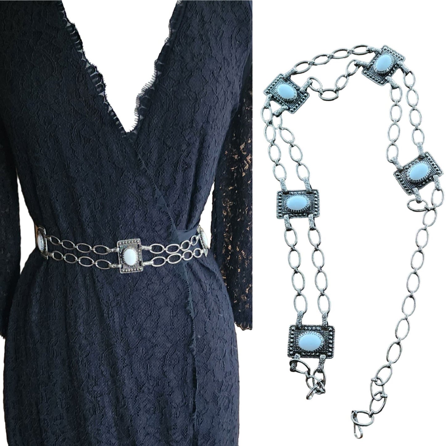 Vintage 60s Chain Belt Silver Link White Enamel