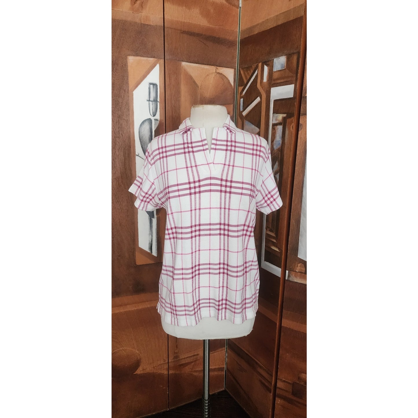 Vintage 2000s Burberry Golf Shirt Polo Top Preppy Plaid V Neck Short Sleeve White Red