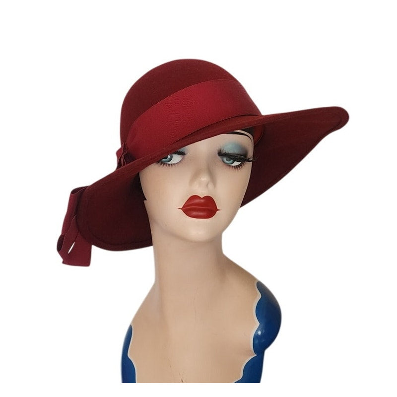 Vintage 1970s Burgundy Red Hat Ladies Fedora Wid Brimmed Georgi