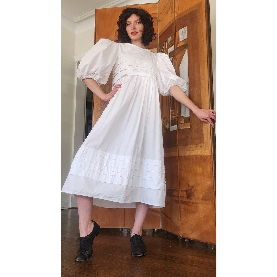 Vintage 80s Barboglio Neiman Marcus White Cotton Puff Sleeve Prairie Peasant Dress