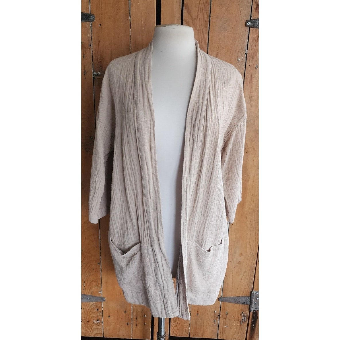 Eileen Fisher Beige Jacket Organic Cotton Linen Blazer Open Front / M