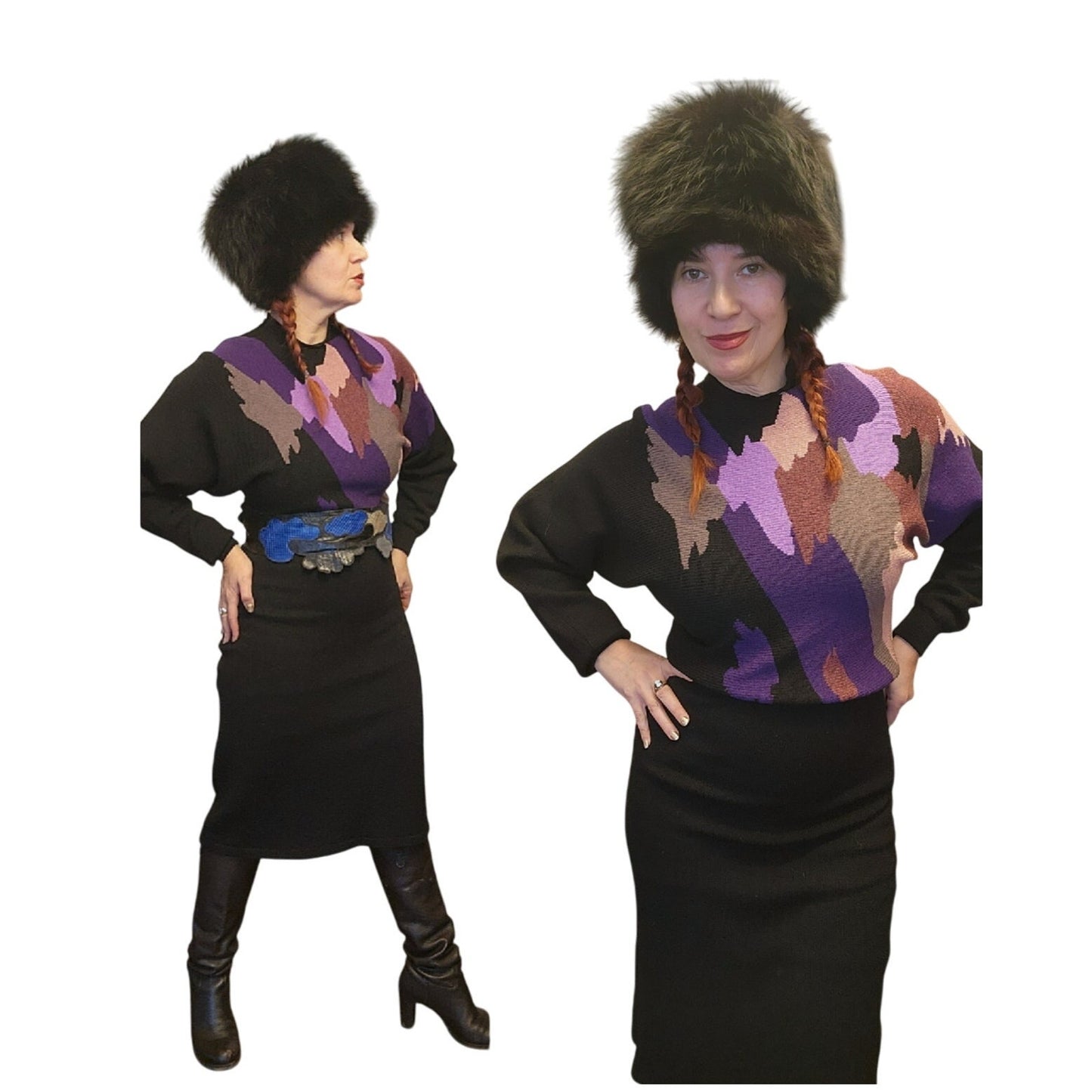 Vintage 1970s Sweater Dress by ADOLFO Saks Fifth Avenue Purple Pink Black Abstract Knit / M