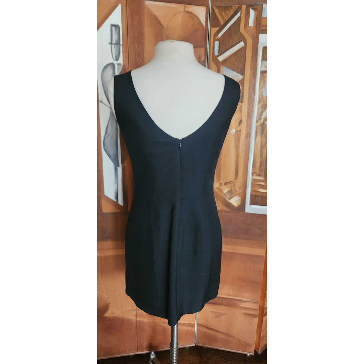 Vintage 1990s Minimalist Dress Black Raw Silk Sleeveless Shift Midi Small