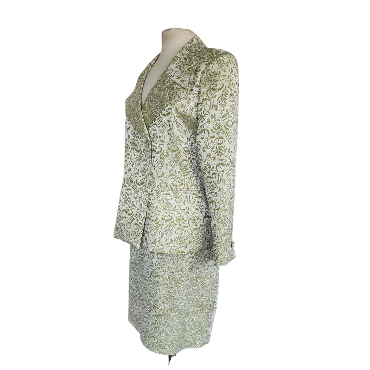 Vintage 1980s ESCADA COUTURE Skirt Suit Green Cream Silk Jacquard Leafy Print / L