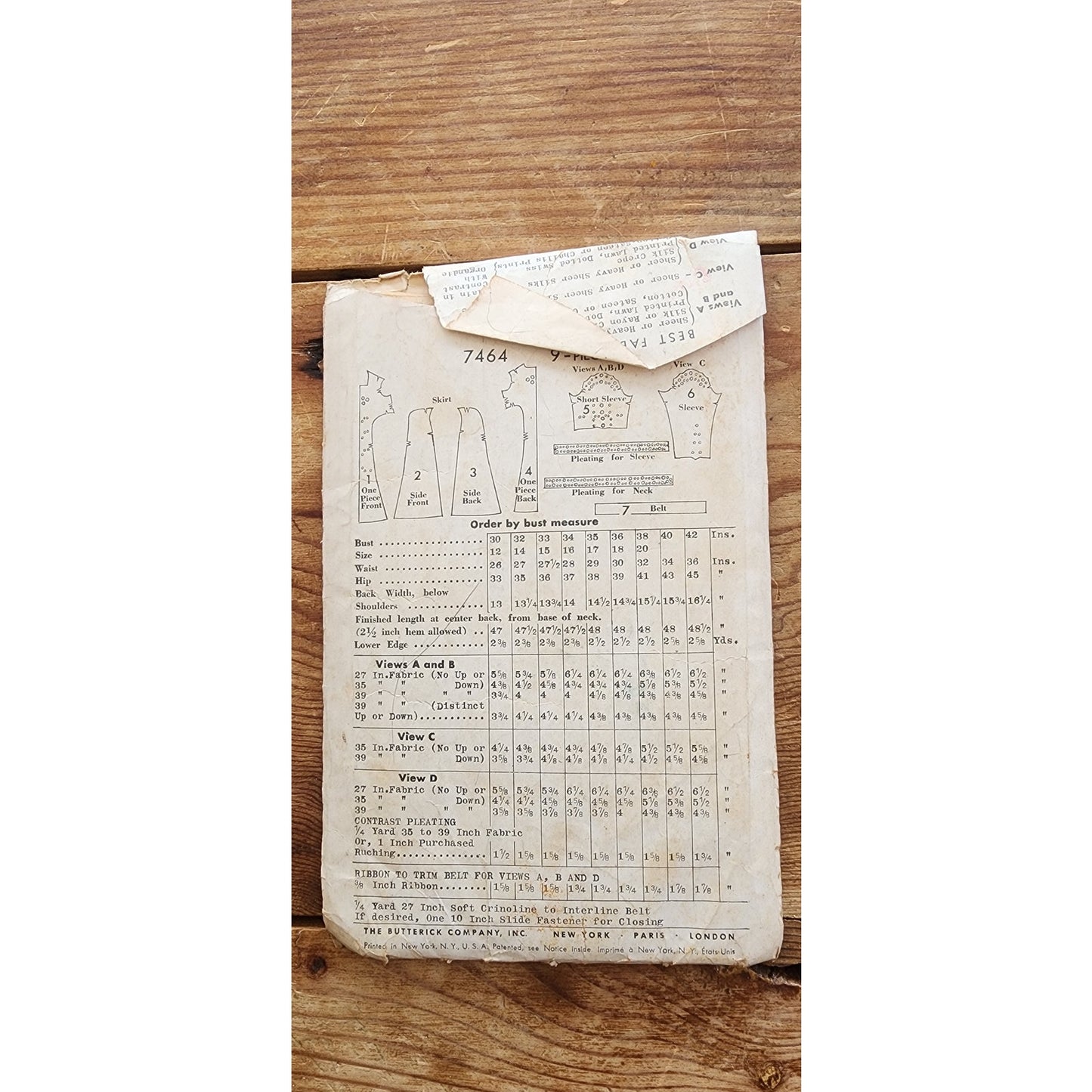 Vintage 1930s Sewing Pattern ORIGINAL: Dress with Ruching Butterick 7464