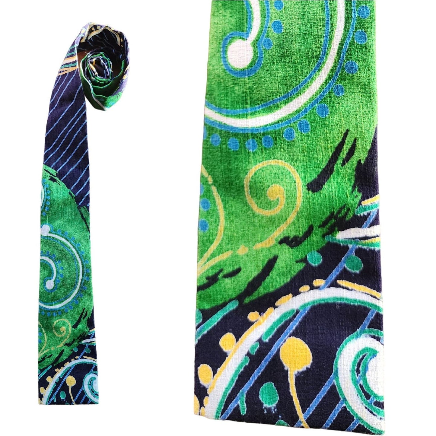 Vintage 50s Mens Tie Flat End Tiki Print Barkcloth Kanaka Hawaii Green Blue