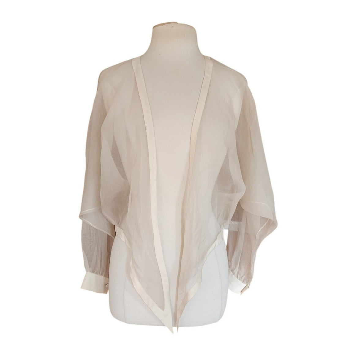 Vintage 90s White Sheer Organza Silk Blouse Tie Front Summer Jacket Victoria March Chicago