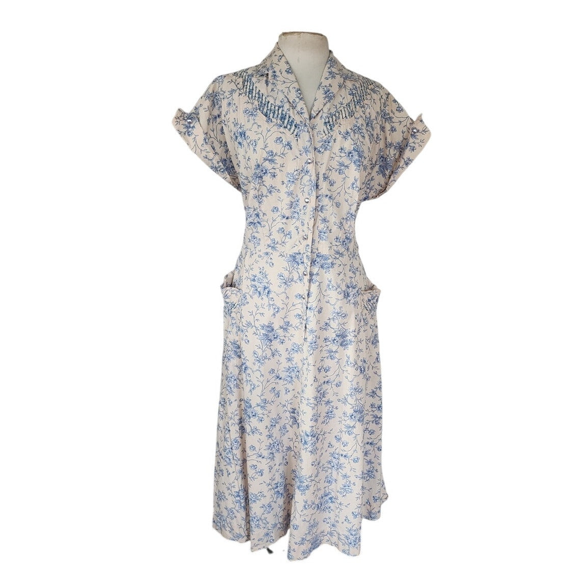 Vintage  40s Shirtdress Floral Cotton Print Pink Blue / L