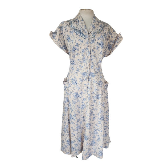 Vintage  40s Shirtdress Floral Cotton Print Pink Blue / L