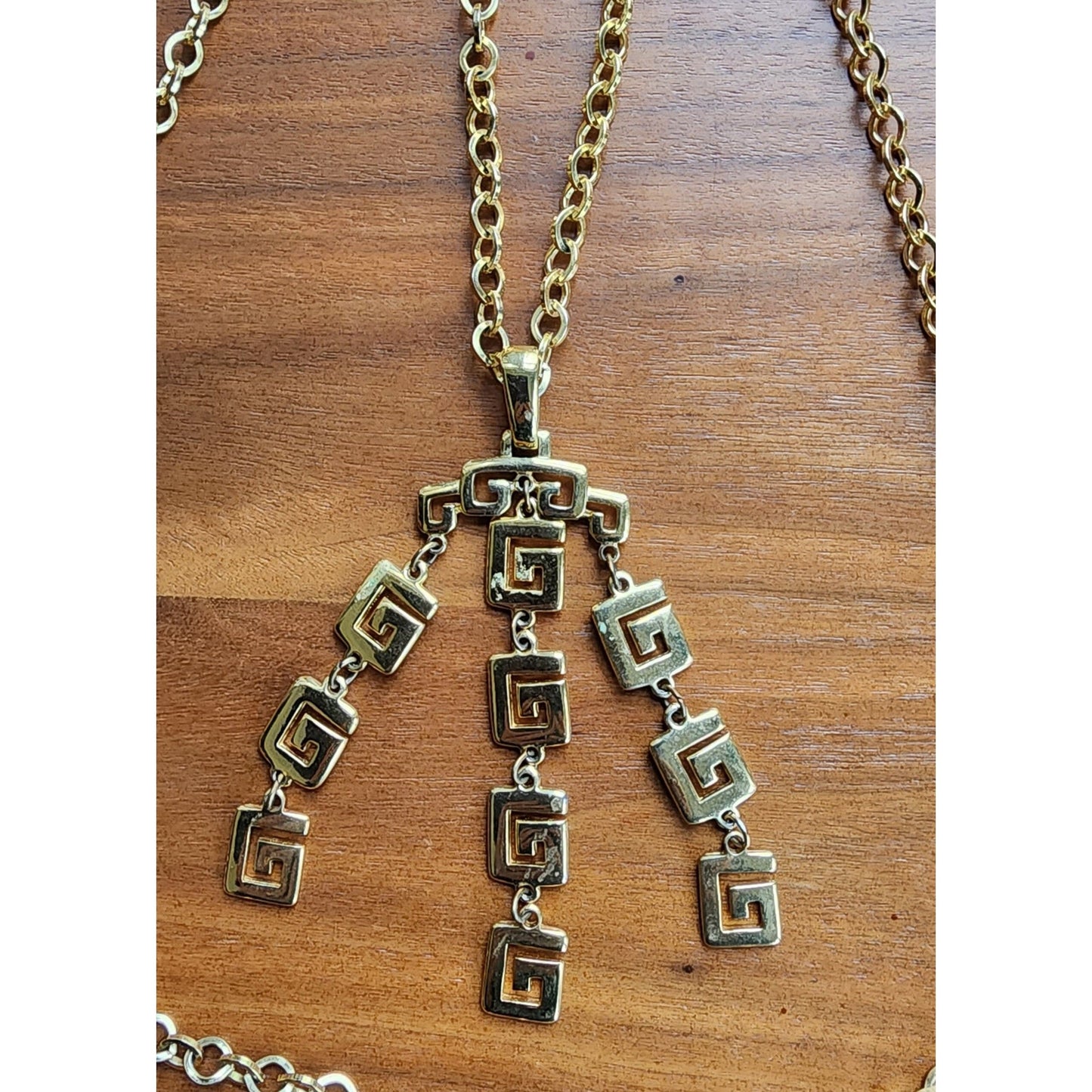 60s Crown Trifari Necklace Gold Pendant Greek Key Fringe