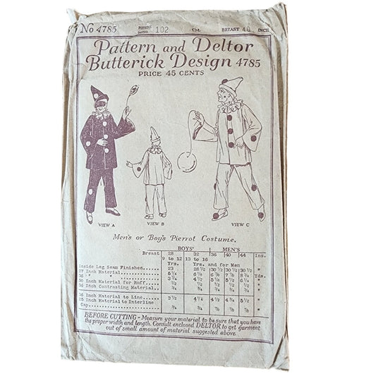 Vintage 30s Sewing Pattern: Mens Boys Pierrot Costume Butterick 4785