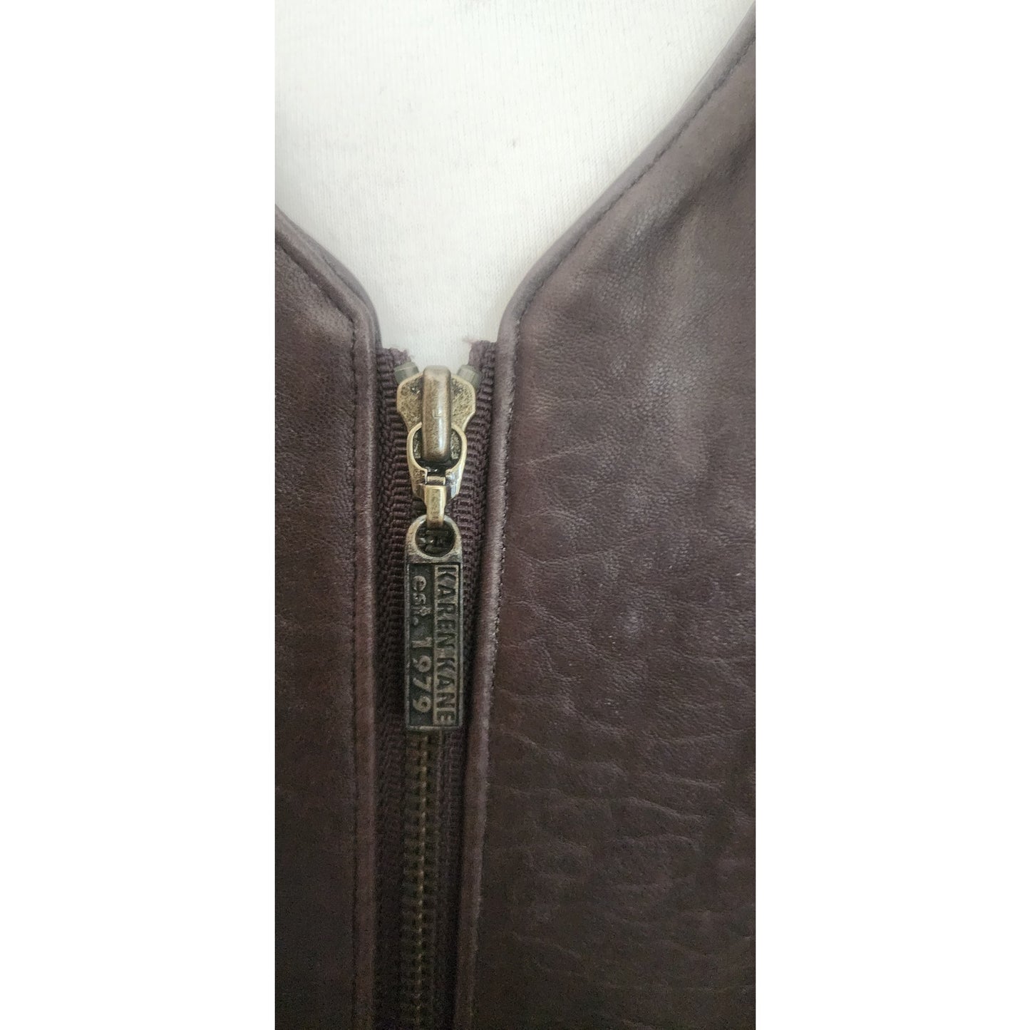 Vintage 1990s Brown Leather Vest Zip Front Karen Kane Vest Fitted Leather Minimalist