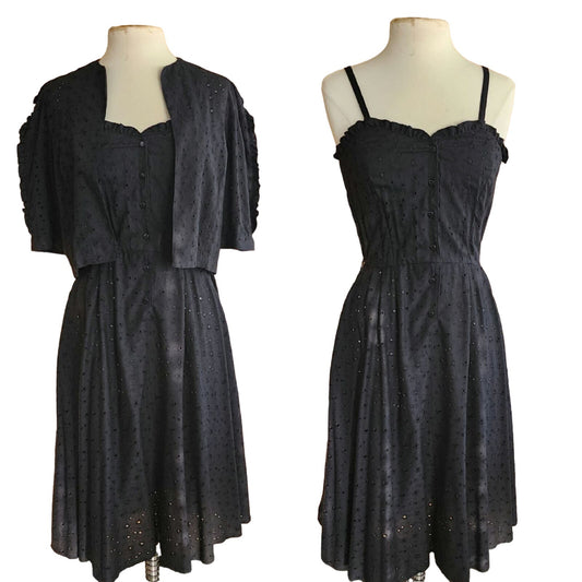 Vintage 70s Black Eyelet Lace Dress + Bolero Jacket Set Chetta B by Peter Noviello