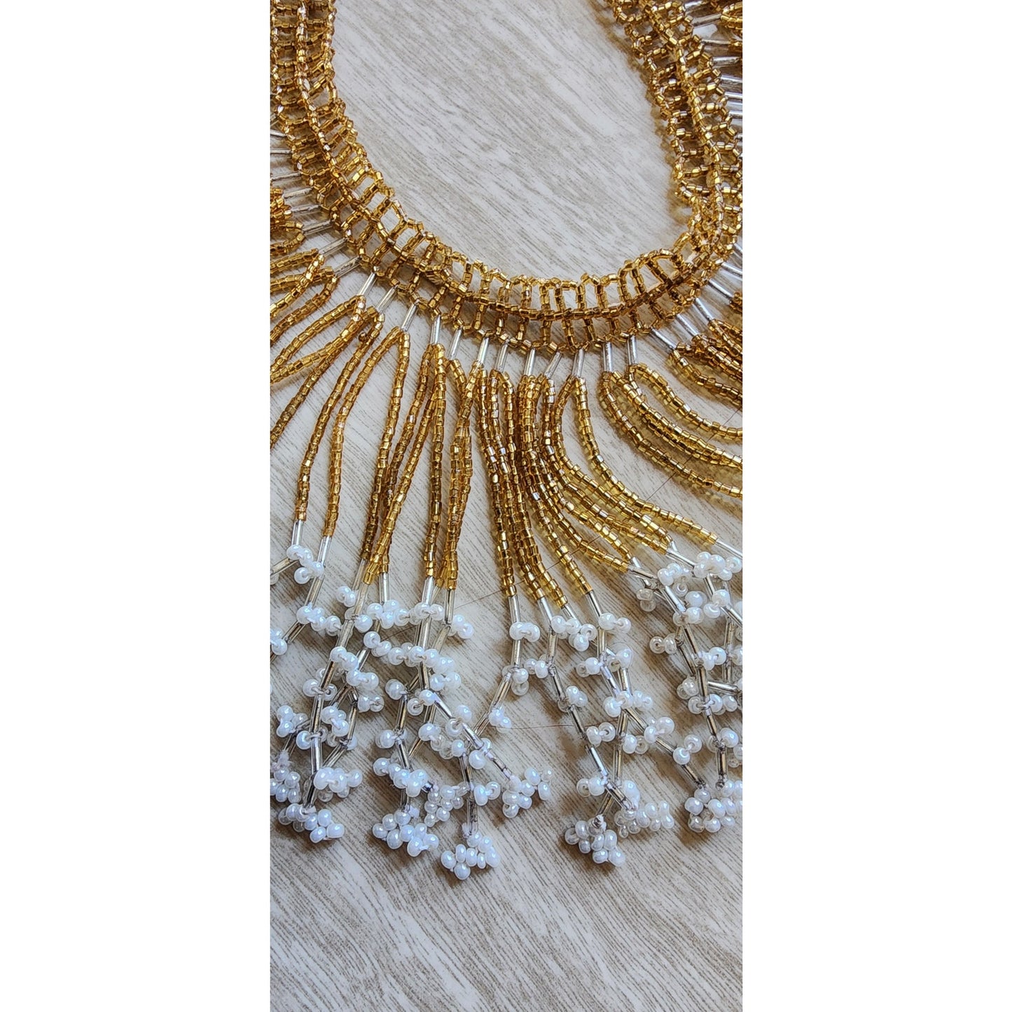 Vintage Bib Necklace Boho Fringed Collar Gold Glass Faux Pearl Beads