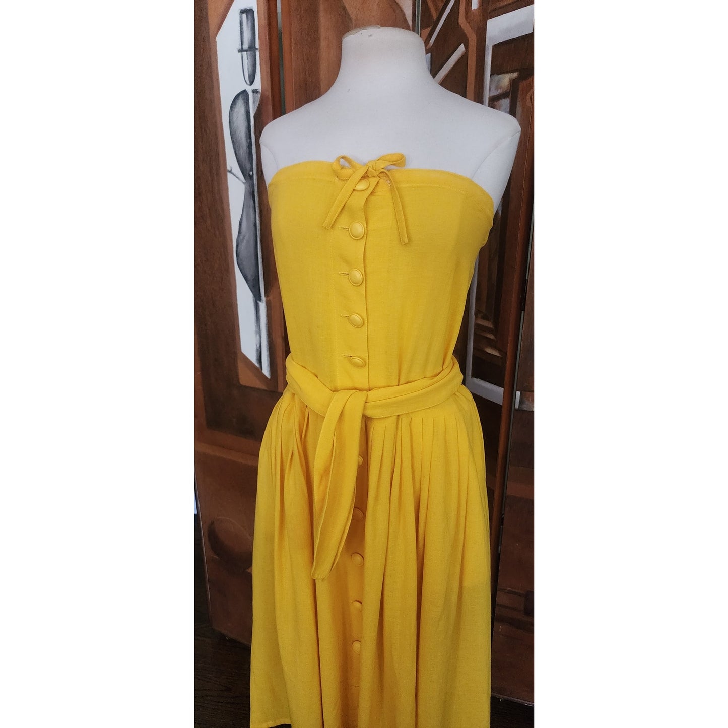 Vintage 80s Sonia Rykiel Strapless Dress Yellow Cotton Button Front Sash Belt Waist
