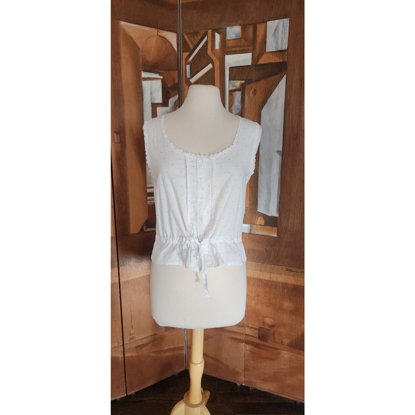 Vintage 80s Laura Ashley White Cotton Eyelet Sleeveless Top Red Micro Polka Dot