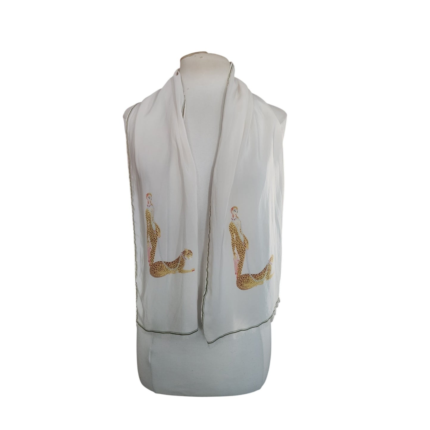 Vintage 1980s Erte Silk Scarf White Gold Art Deco Leopard Lady Letter L Femme Panthere