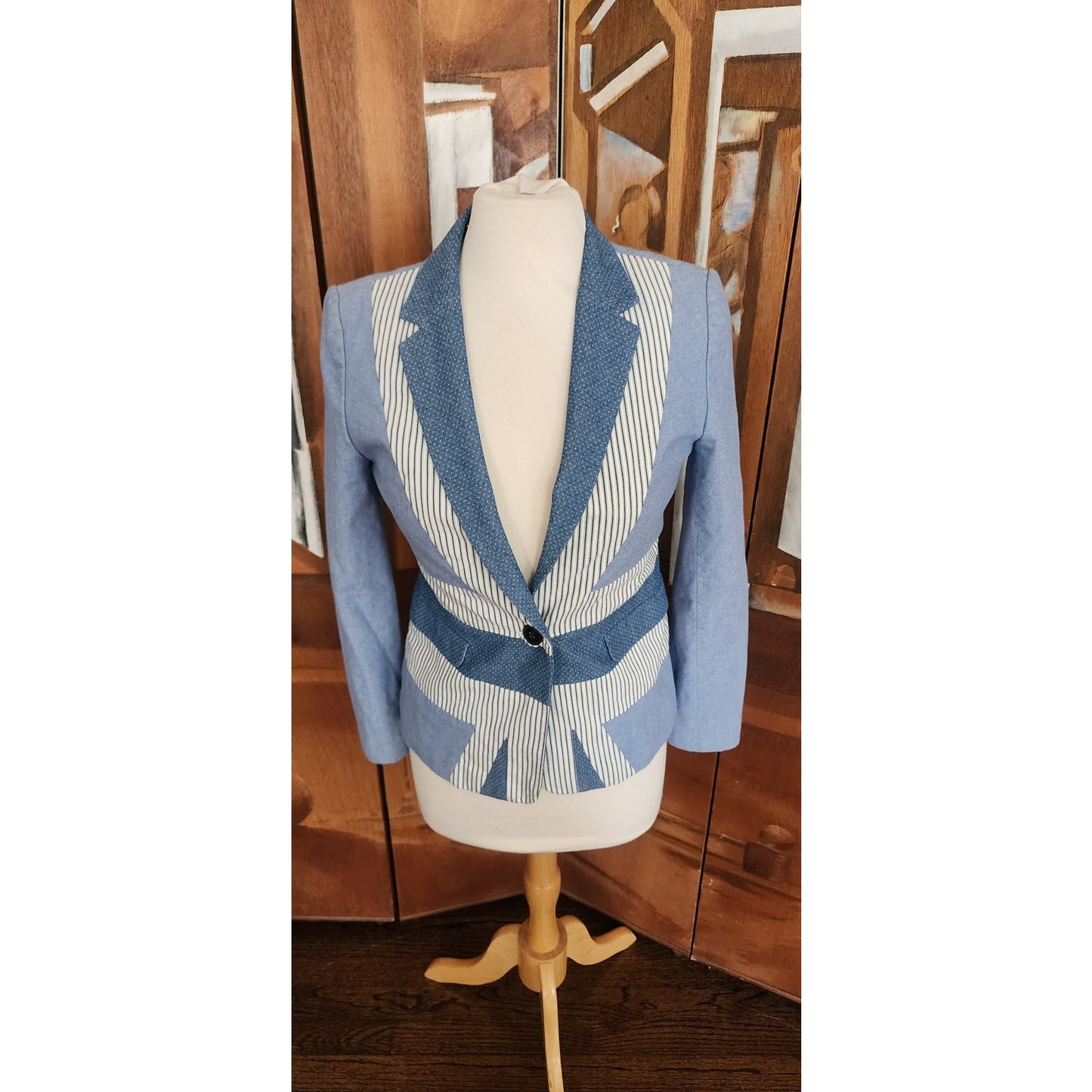 Jack Wills Blue and White Patchwork Denim Blazer, Fitted Single Button