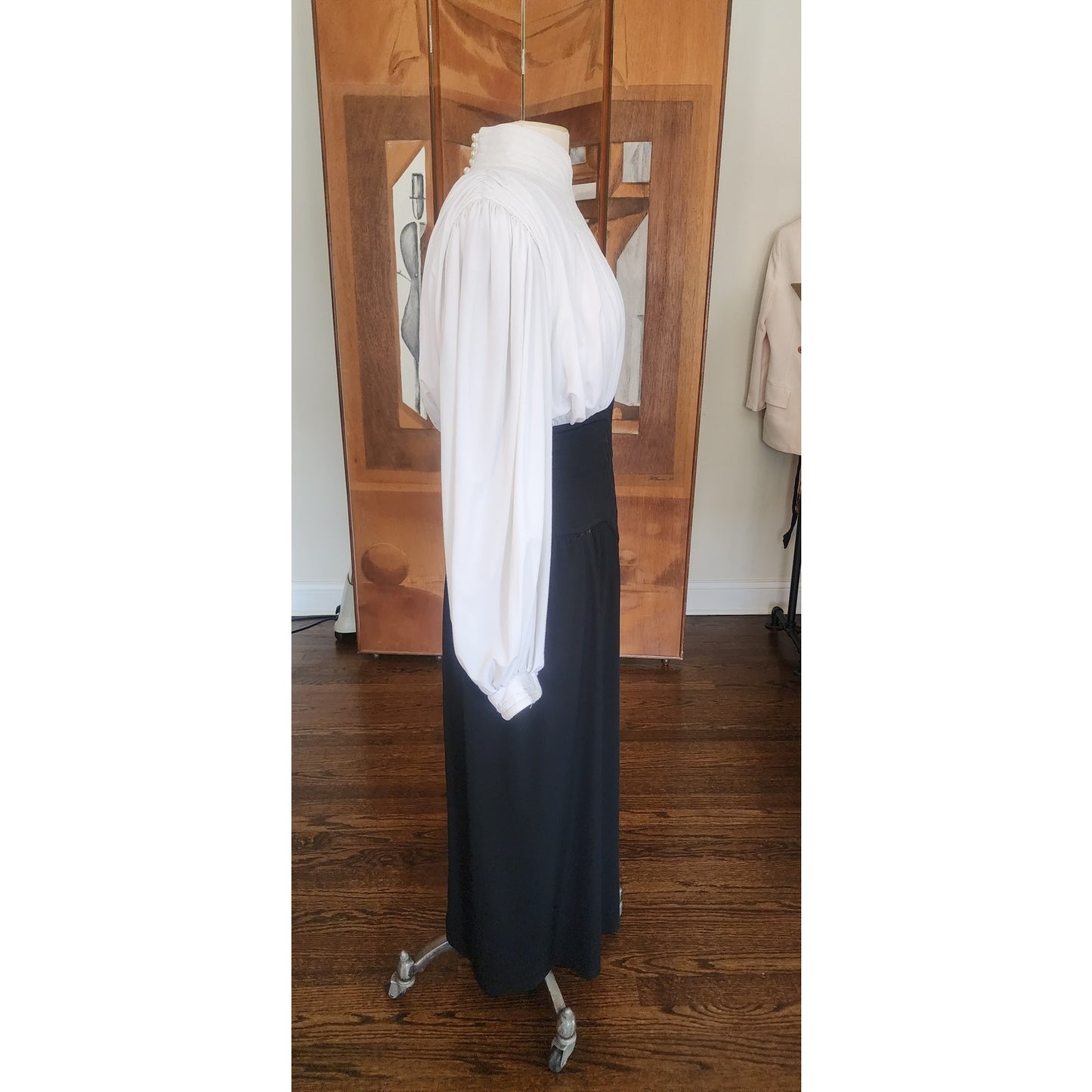 Vintage 80s Neo Edwardian Dress White Ruched Top Black Skirt Long Sleeves / M
