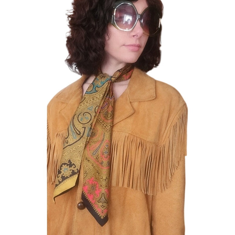 Vintage 50s Paisley Silk Ascot Tie Day Cravat Scarf Gold Black Red