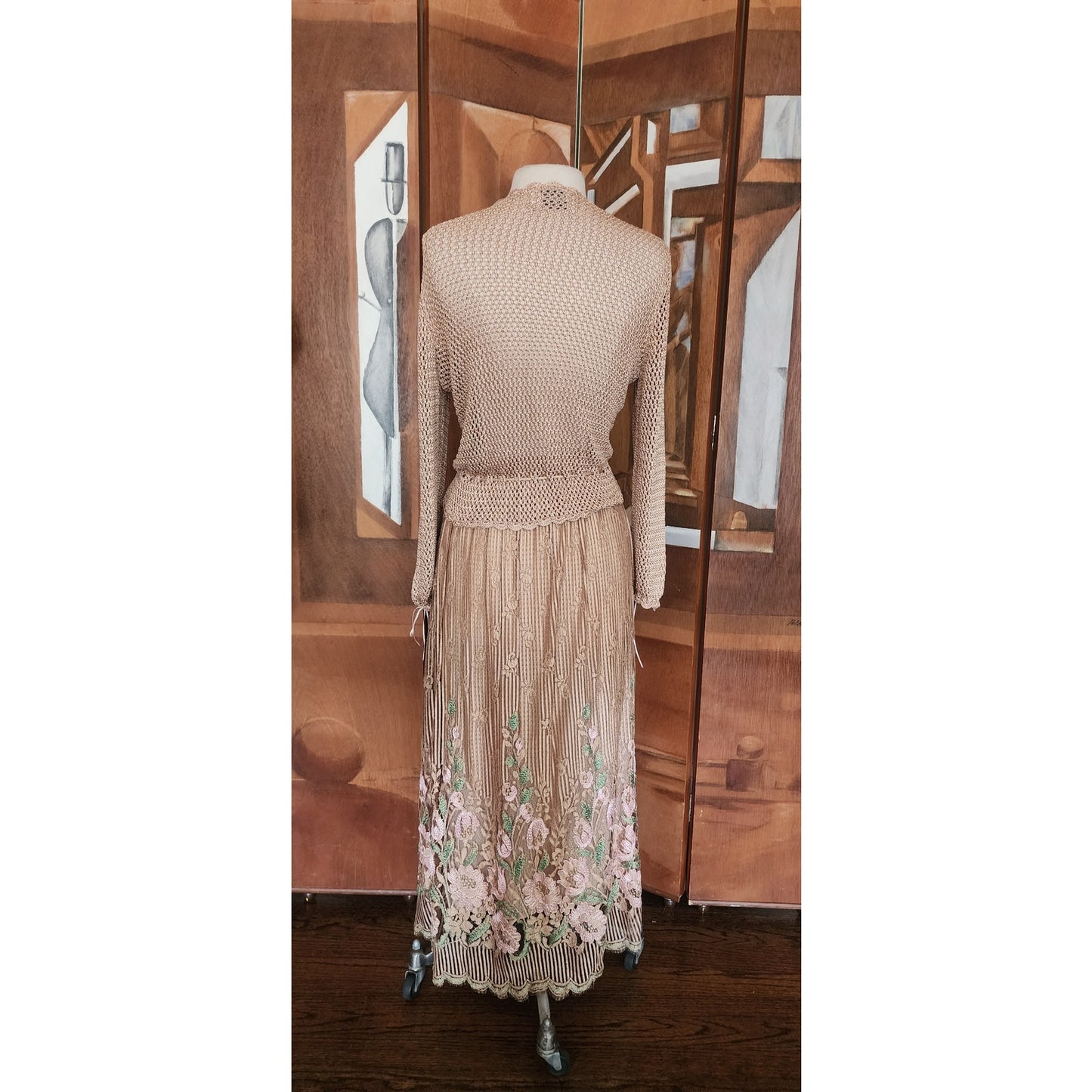 Vintage 1970s Jayna New York Dress Set Knit Crochet Top + Skirt Beige Lace Embroidery
