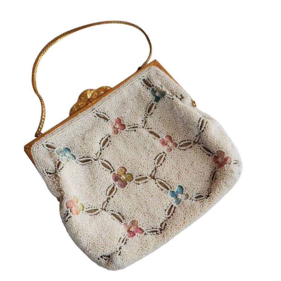 Vintage 50s Evening Bag White Beads Floral Embroidery Walborg