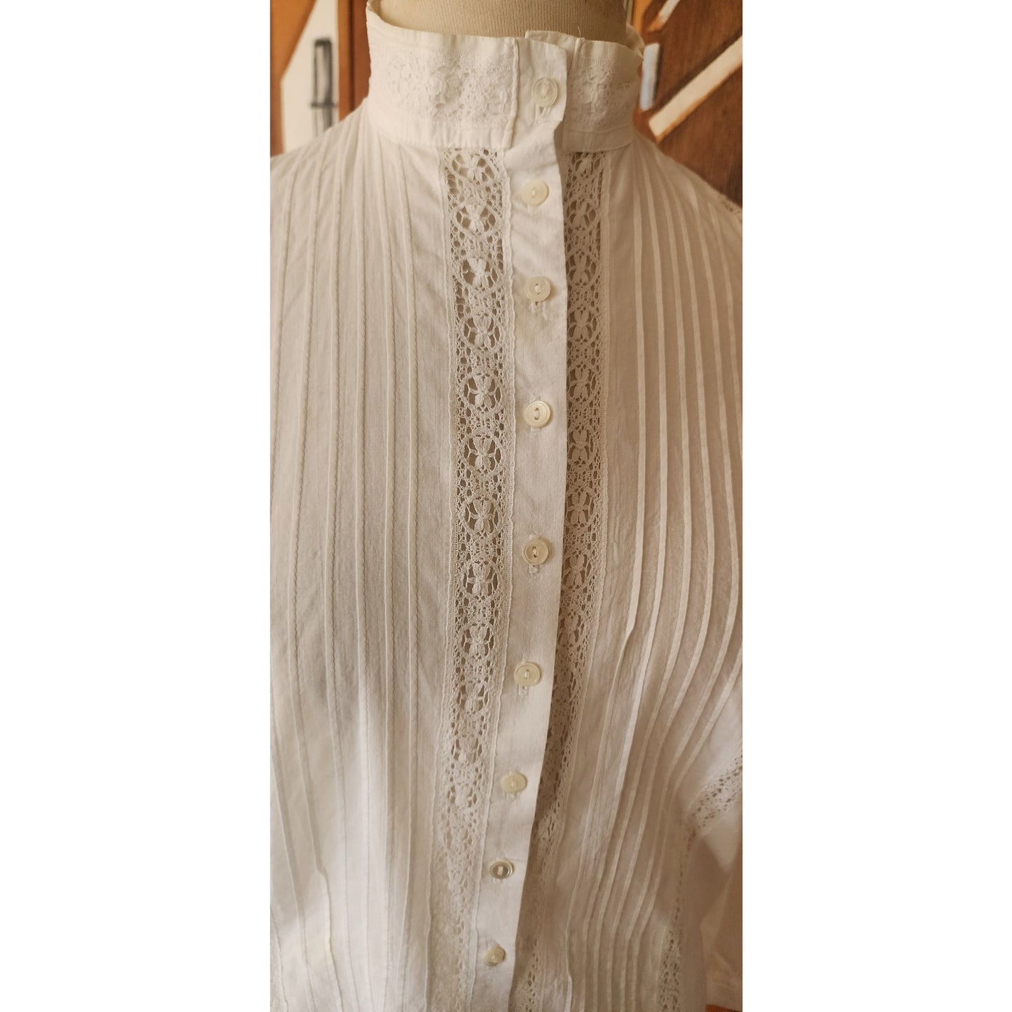 Vintage 70s Laura Ashley Blouse White Cotton Lace Crochet High Collar Puffed Shoulders Neo Edwardian