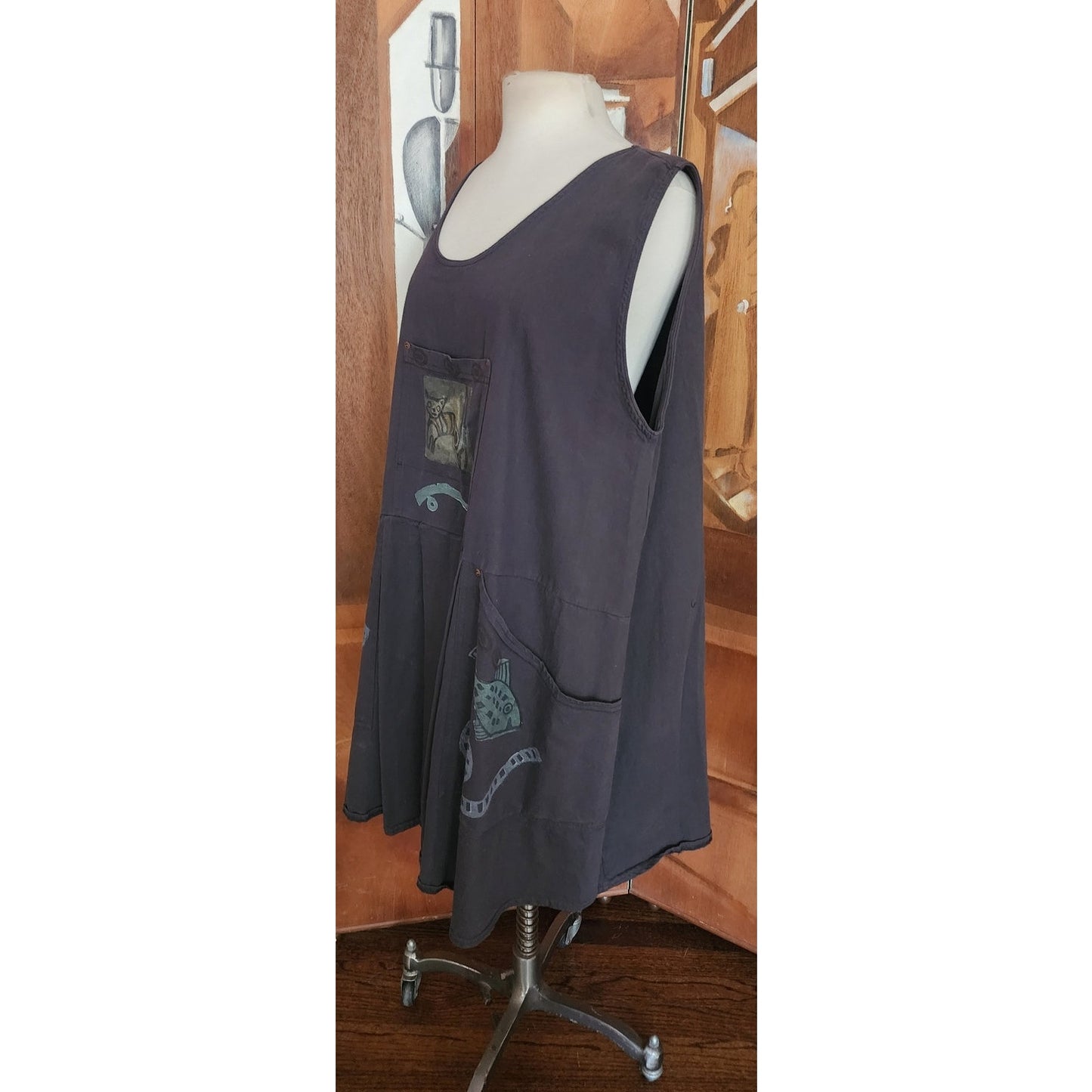 Vintage 90s Blue Fish Jumper Dress Gray 1995 Cat Print Apron Tunic Pinafore Sundress