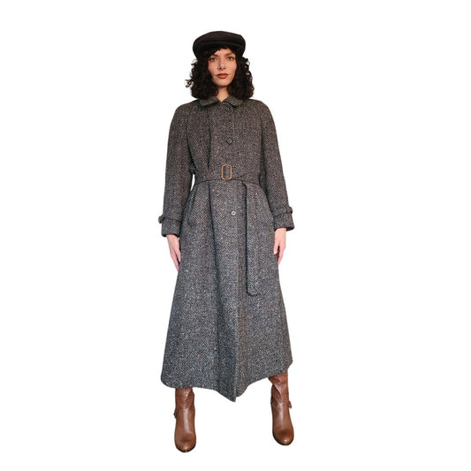 Vintage 1980s Gray Coat Tweed Wool Belted, Long by Huntleigh / Medium