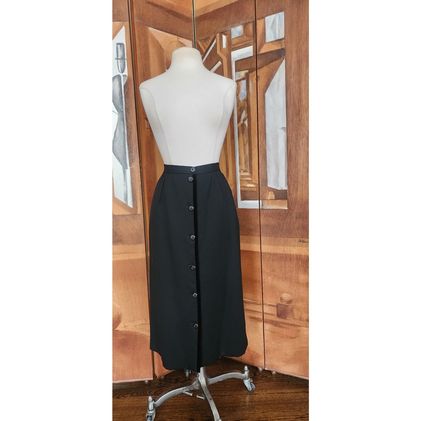 Vintage 1980s VALENTINO Pencil Skirt Black Wool Button Down Midi Medium
