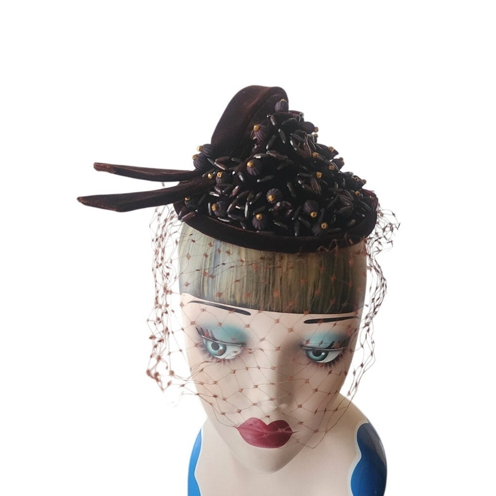 Vintage 1950s Hat Chanda Brown Beaded Velvet Asymmetrical Fascinator Bonwit Teller