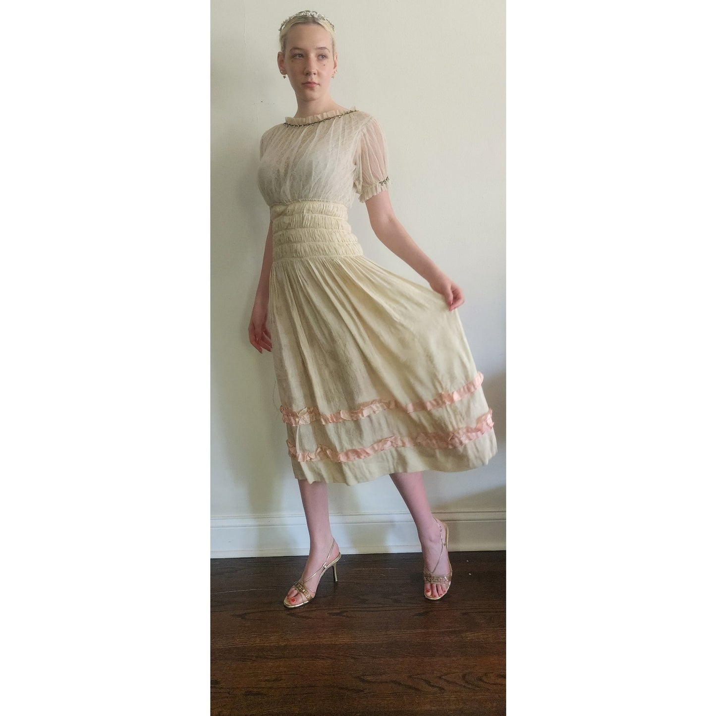 Vintage 1930s Cream Silk Dress Lace & Rhinestone Embroidery
