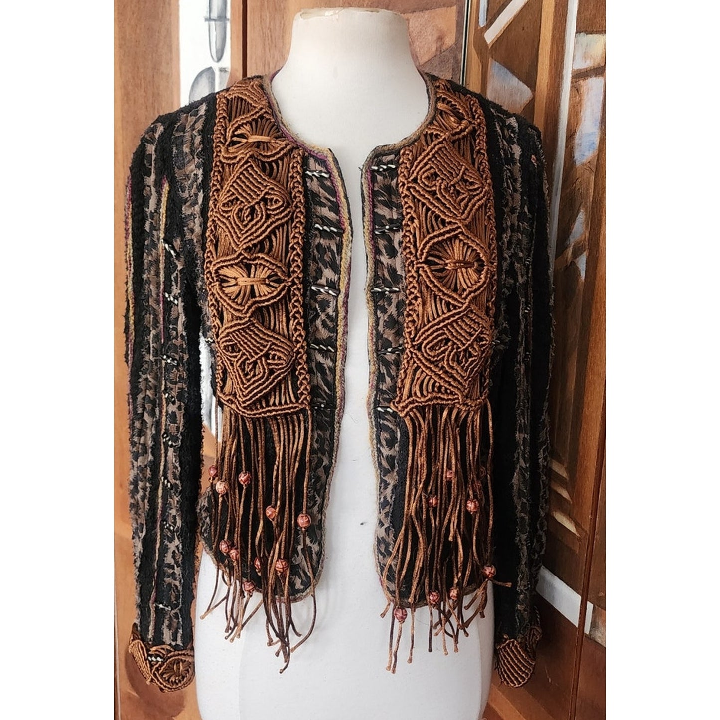Vintage 90s Sandy Starkman Bohemian Crochet  Embellished Fringe Jacket Art to Wear