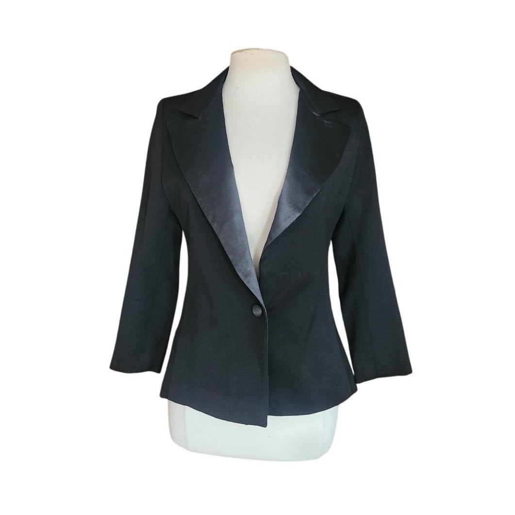 Vintage 90s CLAUDE BERT Black Blazer Tuxedo Tailcoat Fishtail Jacket Satin Lapel