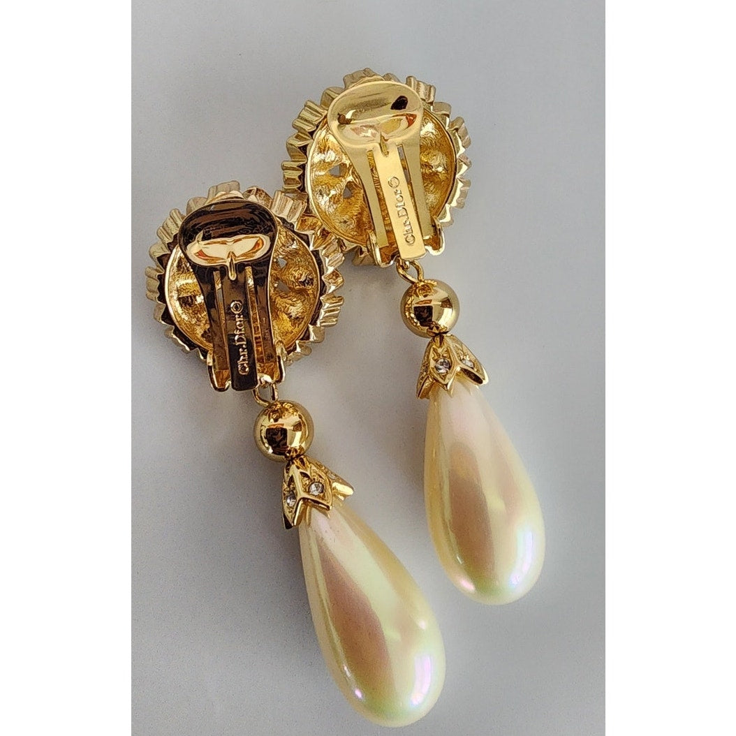 Vintage Christian Dior Necklace Clip Earrings Set Pearl Bead + Gold