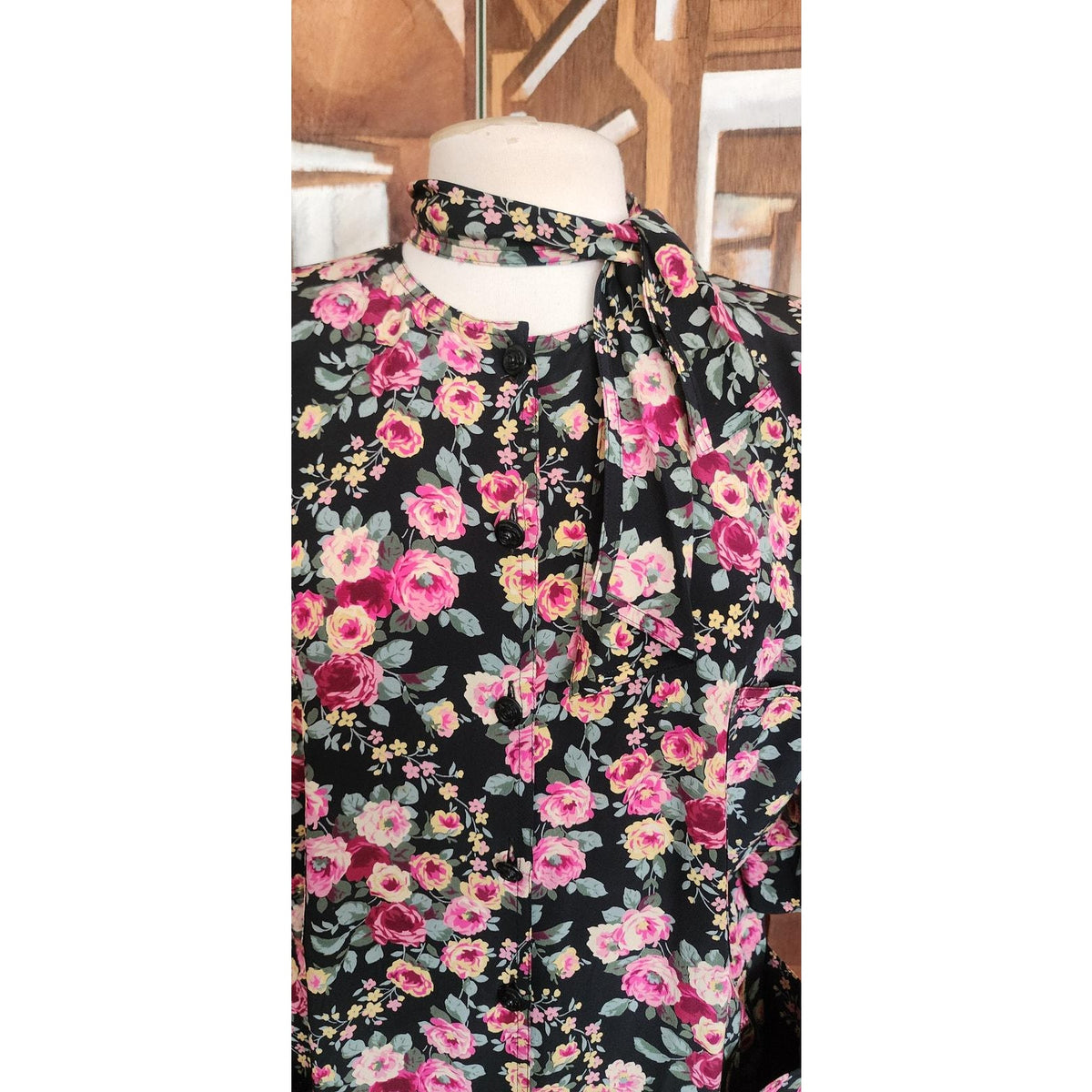 Vintage 1980s Ungaro Dress Silk Floral Rose Print Tie Neck Button Front Pockets