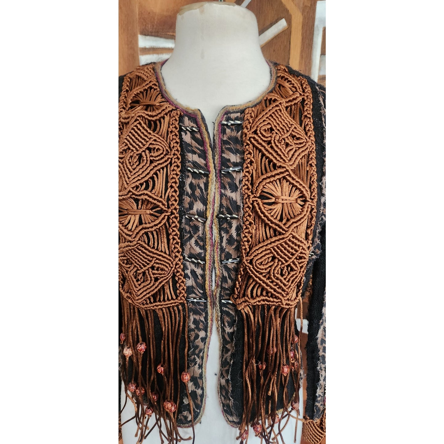 Vintage 90s Sandy Starkman Bohemian Crochet  Embellished Fringe Jacket Art to Wear