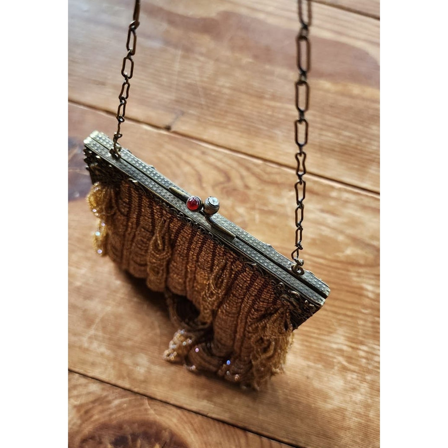 Vintage 1910s Glass Bead Bag Copper Looped Fringe France