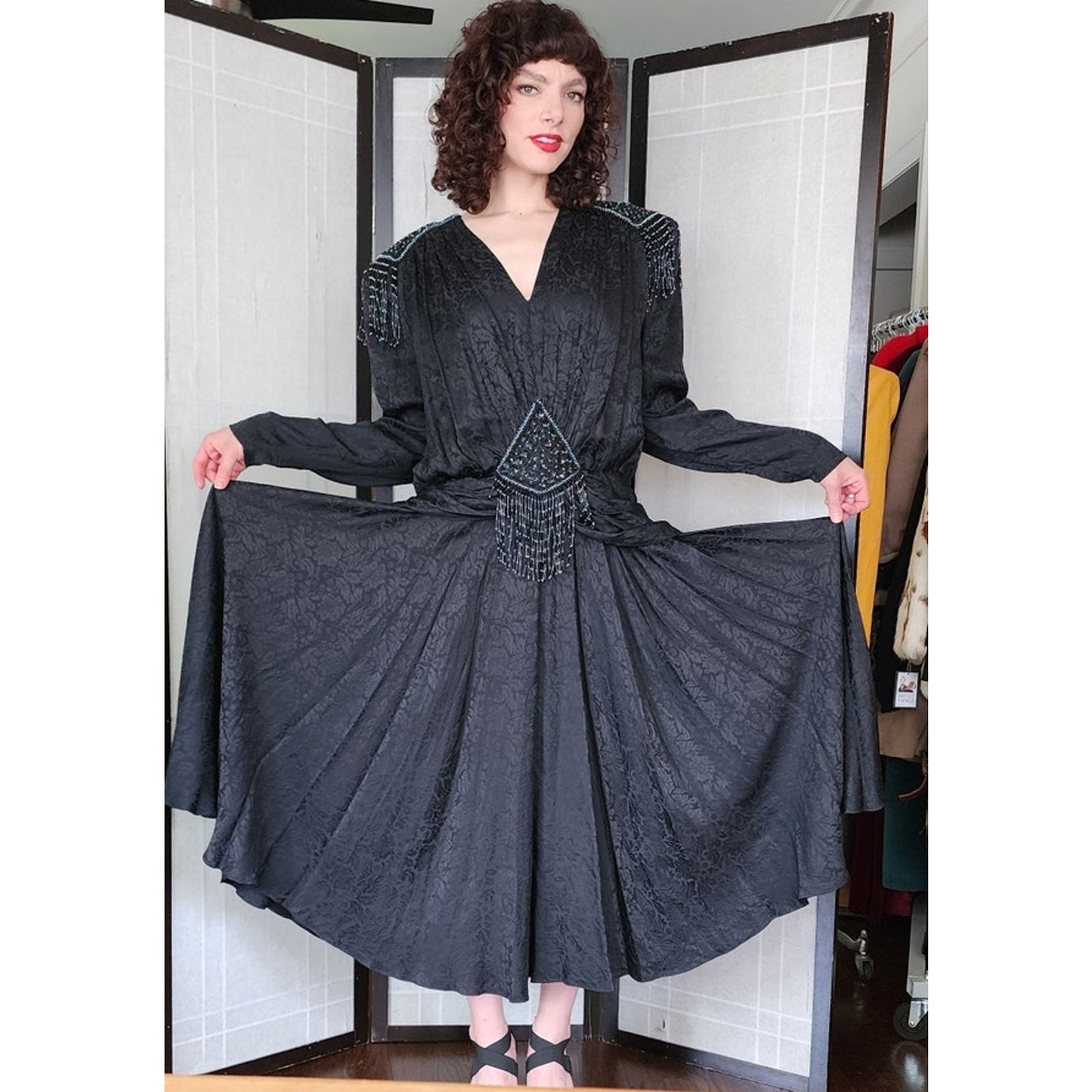 Vintage 80s Evening Dress Black Beaded Silk Fringed D'Ore Art Deco Style