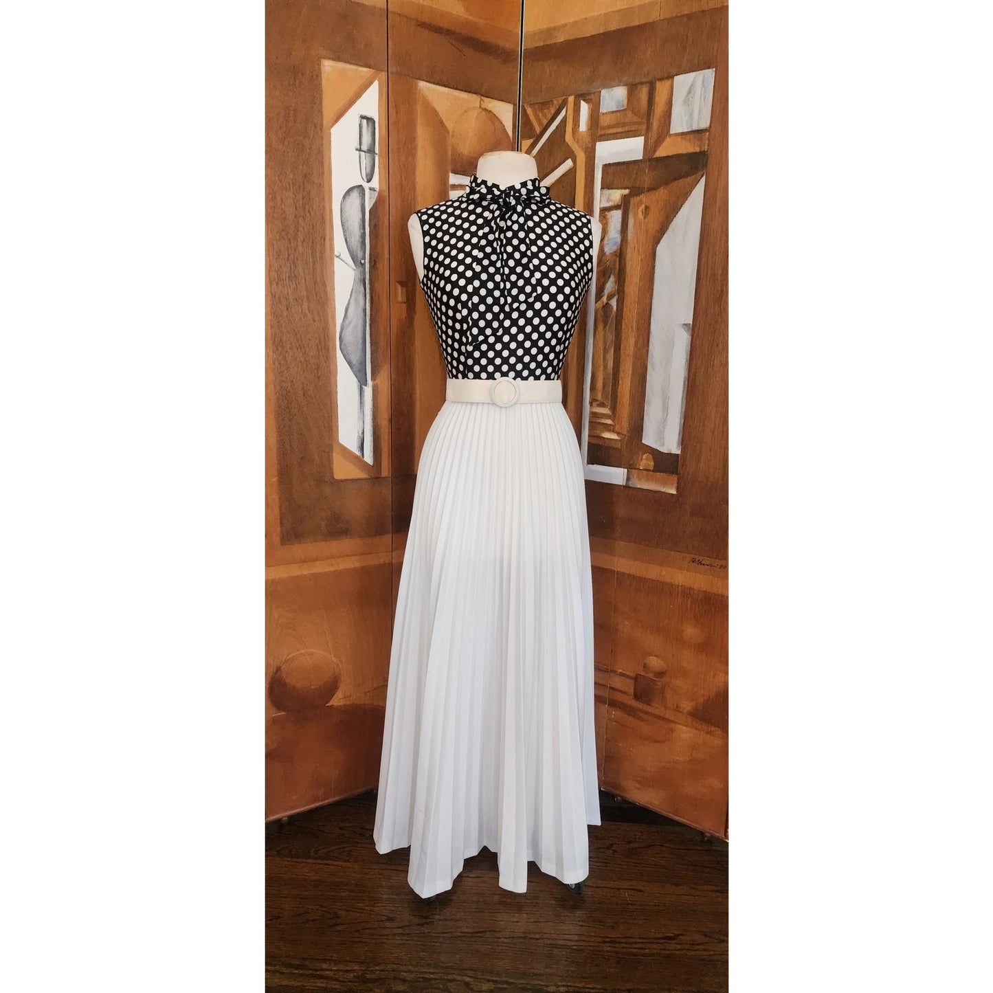 Vintage 70s Polka Dot Maxi Dress Black White Sleeveless + Pussycat Bow