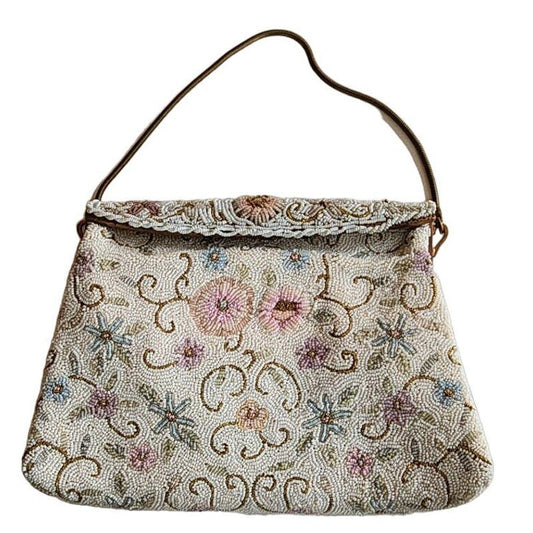 Vintage 50s Beaded Bag White Pastel Flowers