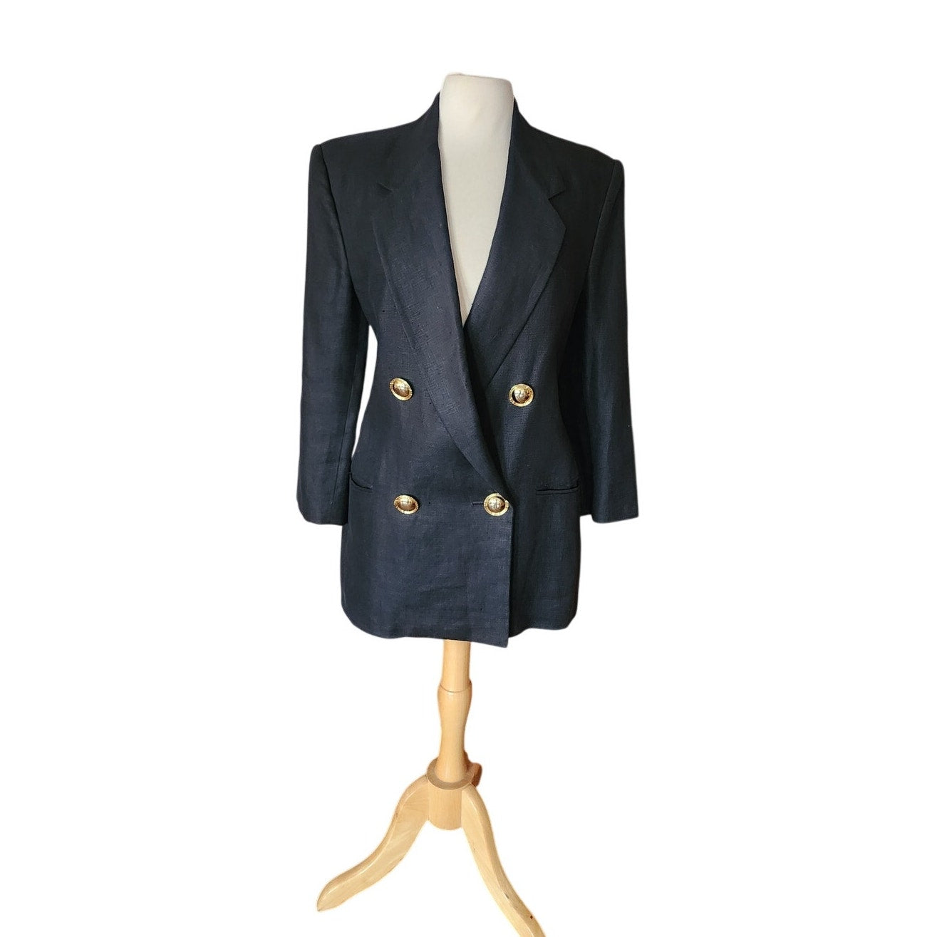 Vintage 80s GENNY Blazer Black Linen Jacket Hip Length Double Breasted Gold Buttons / M