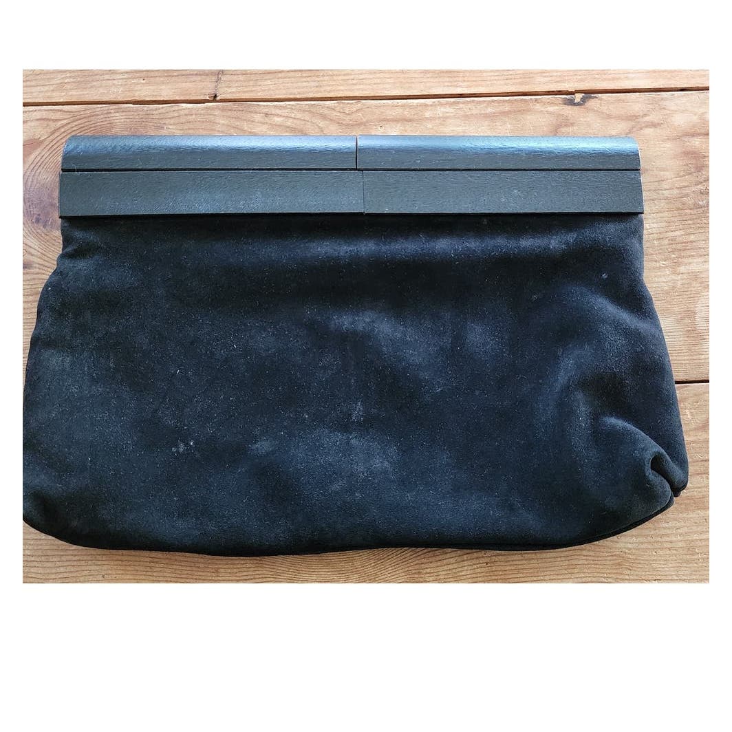 Vintage Black Suede Clutch Bag w/Wood Saks Fifth Ave