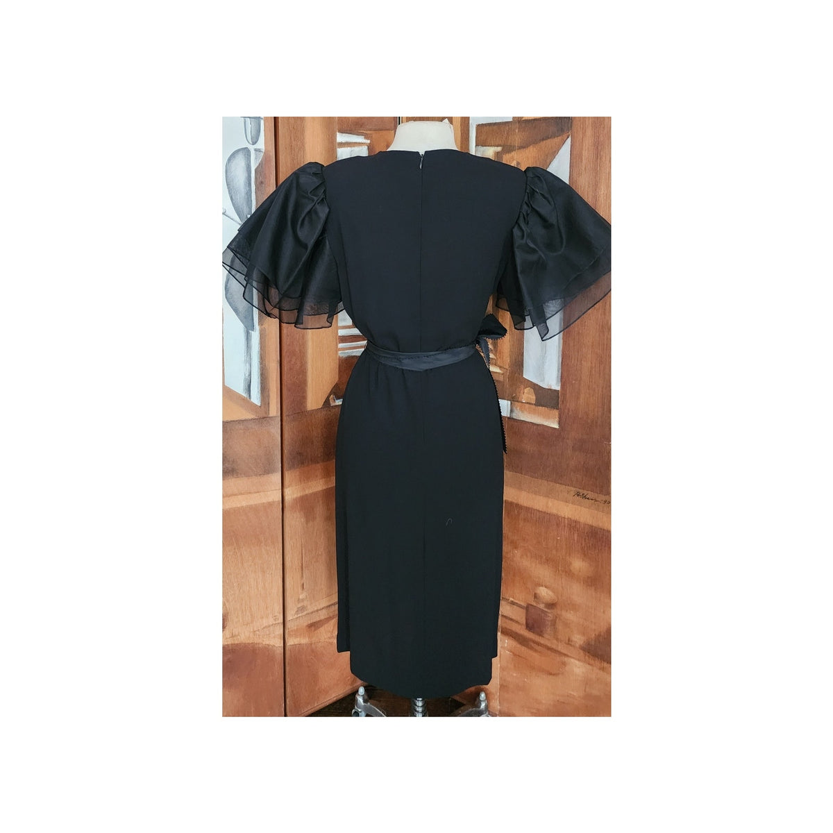 Vintage 1980s Bill Blass Party Dress Black Organza Puffy Sleeve Belted Medium