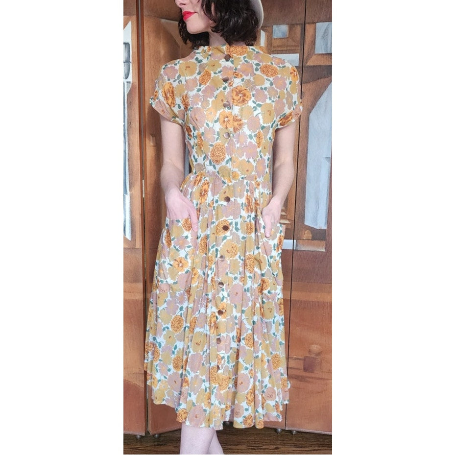 Vintage 40s Floral Print Short Sleeve Button Front Cotton Midi Day Dress w/Pockets Circle Skirt