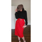 Vintage 1980s Red Wool Knee Skirt Guy Laroche Boutique Paperbag Waist + Belt