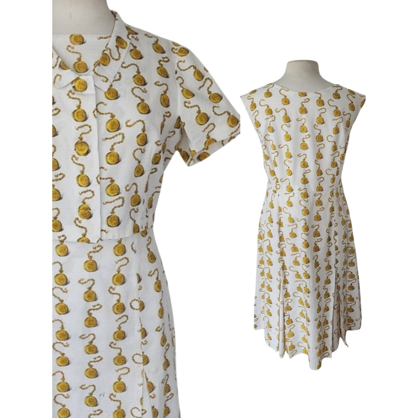 Vintage 60s Clocks Novelty Print Dress + Jacket Set Gold Pocket Watch