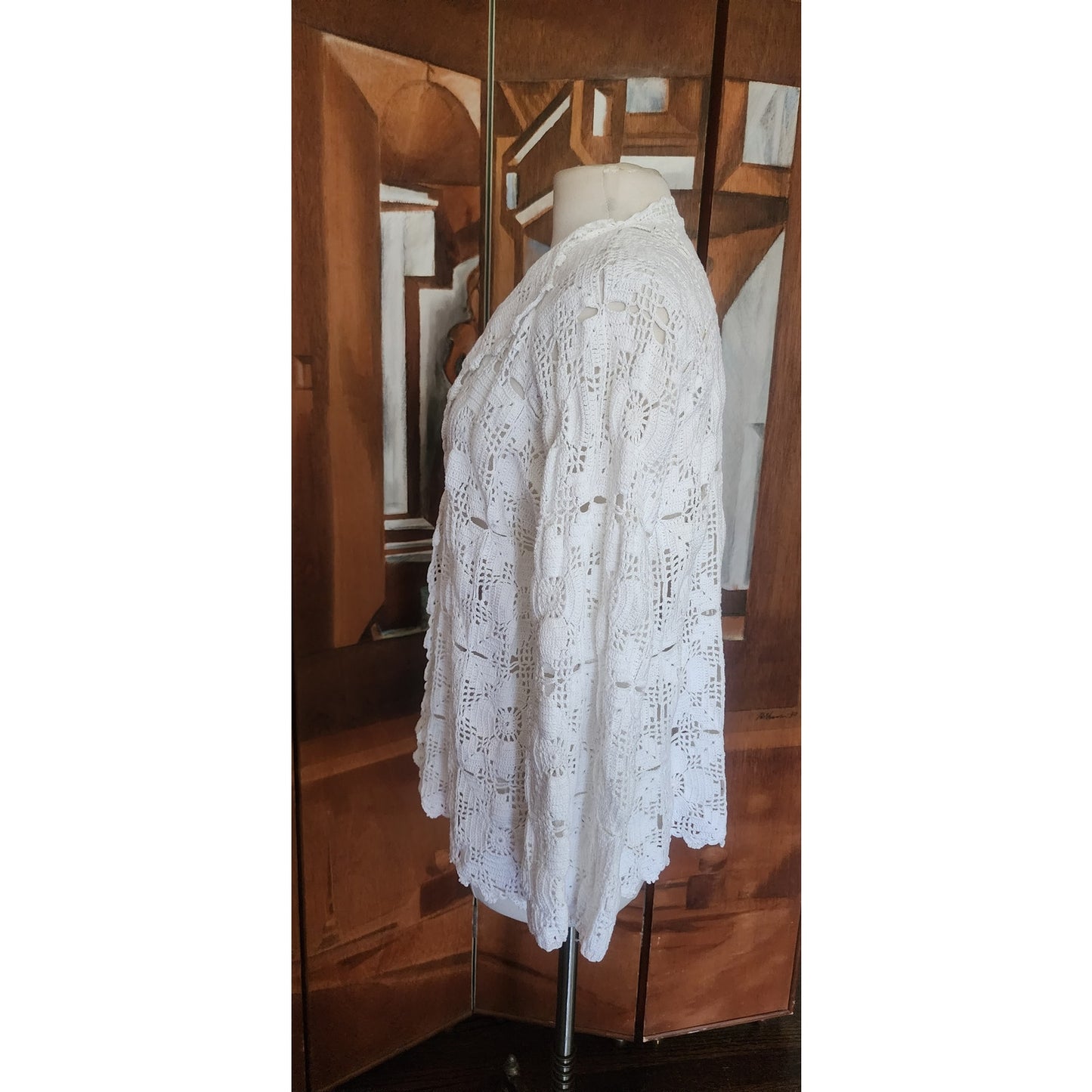 Vintage Crochet Blazer White Openwork Knit Cardigan Jacket w/Collar